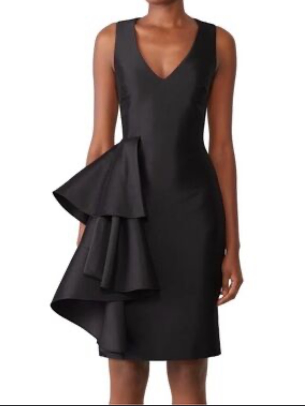 Badgley Mischka size 8 black sheath side ruffle dress satin v-neck